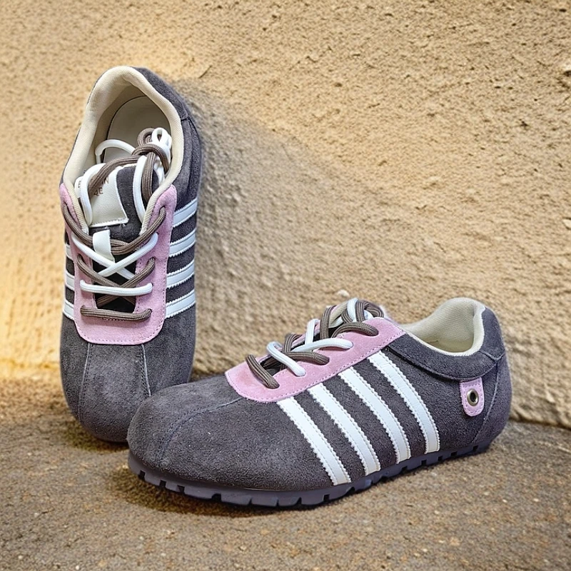 猪皮安哥拉棕粉复古德训鞋女2025新款增高平底休闲运动板鞋阿甘鞋