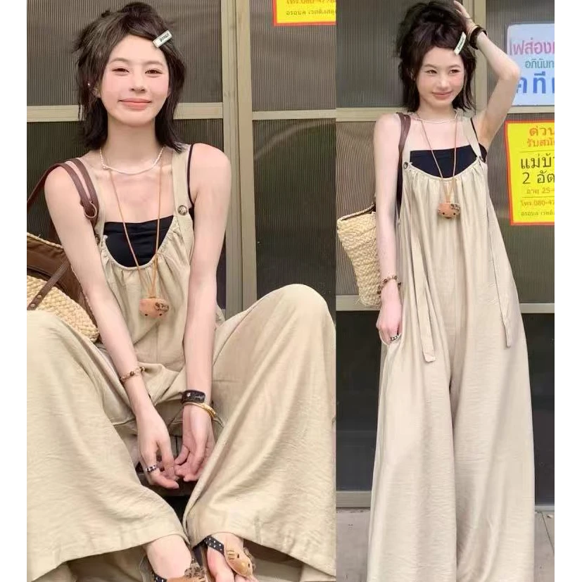 极简气质V领吊带连体裤女春夏宽松休闲慵懒风oversize背带阔腿裤