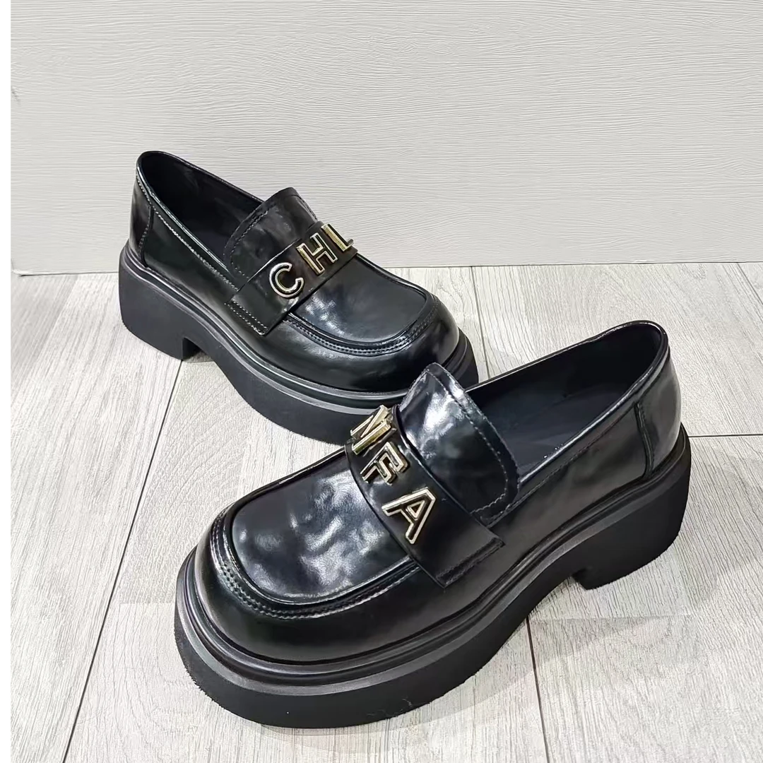 2025春季新款松糕一脚蹬英伦风真皮小皮鞋圆头女单鞋厚底乐福鞋潮