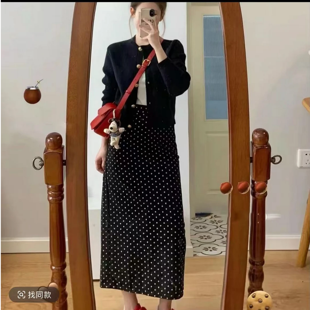 日系休闲风小香风长裙时尚极简风时尚套装波点+上衣内搭三件套