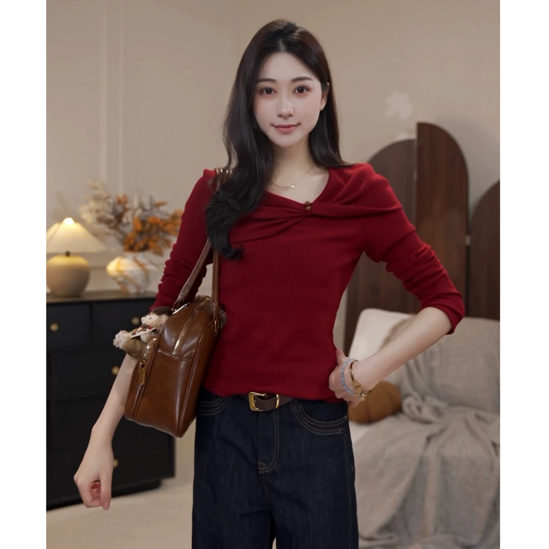 鹿向南「朗姆红茶」法式红色针织早秋漂亮独特长袖设计感时尚上衣