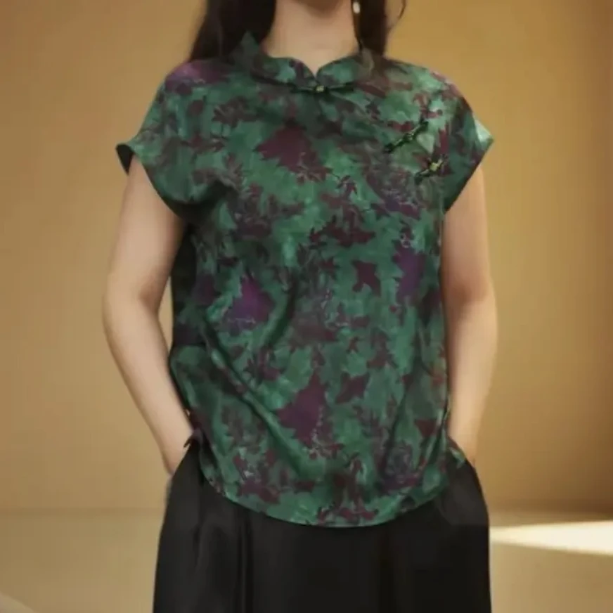 N160【锦悦】常规斜襟花纹无袖立领提花上衣国风复古温婉风中式衬衫