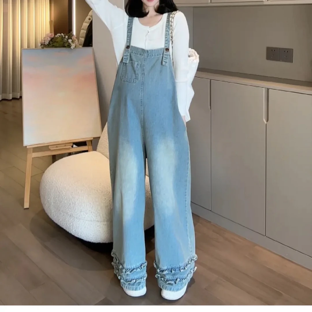 春秋新款孕妇背带裤时尚减龄针织打底衫木耳边裤脚直筒阔腿牛仔裤