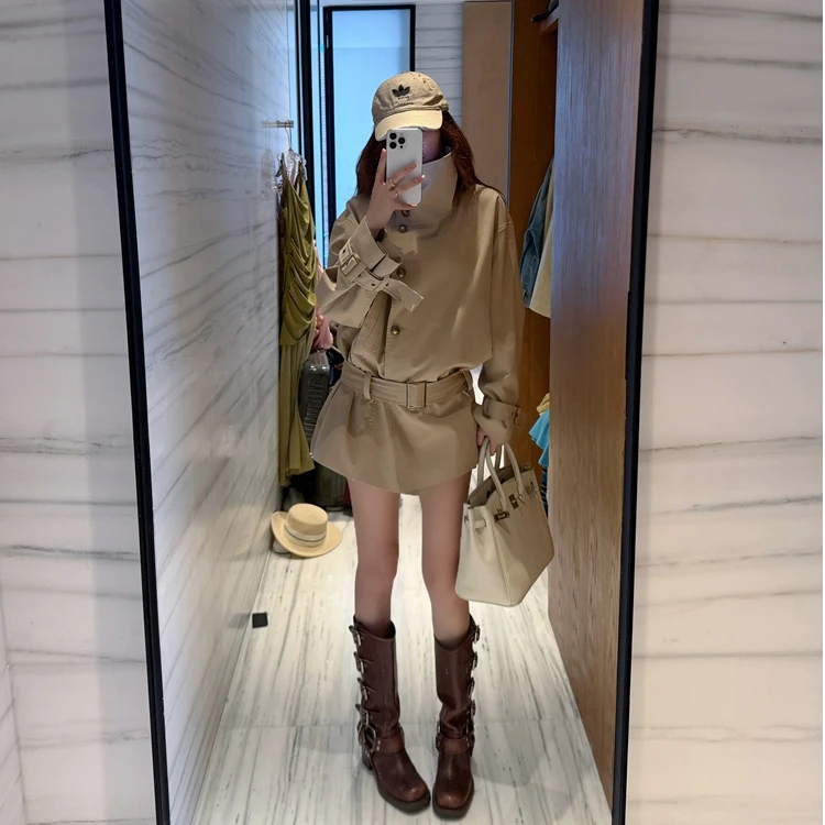 早秋新款短款风衣小个子卡其色立领收腰显瘦英伦风宽松廓形外套女