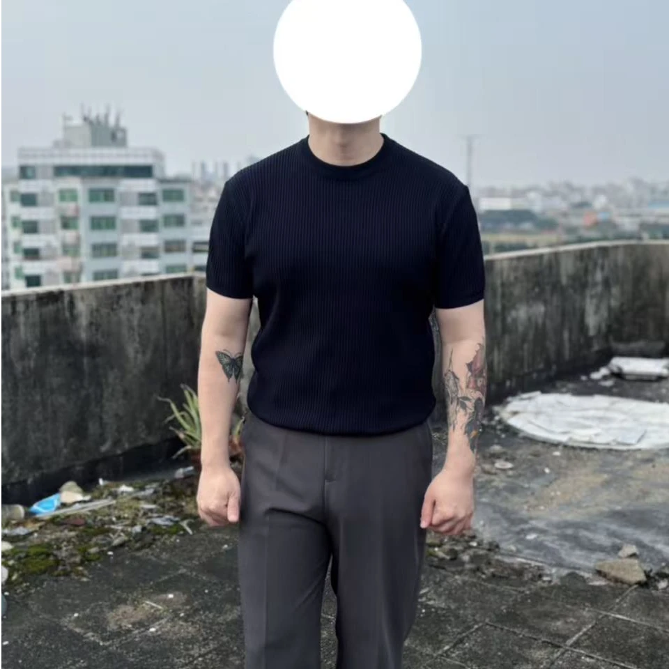 韩版请冷藏青色高级感夏季针织圆领短袖T恤男款