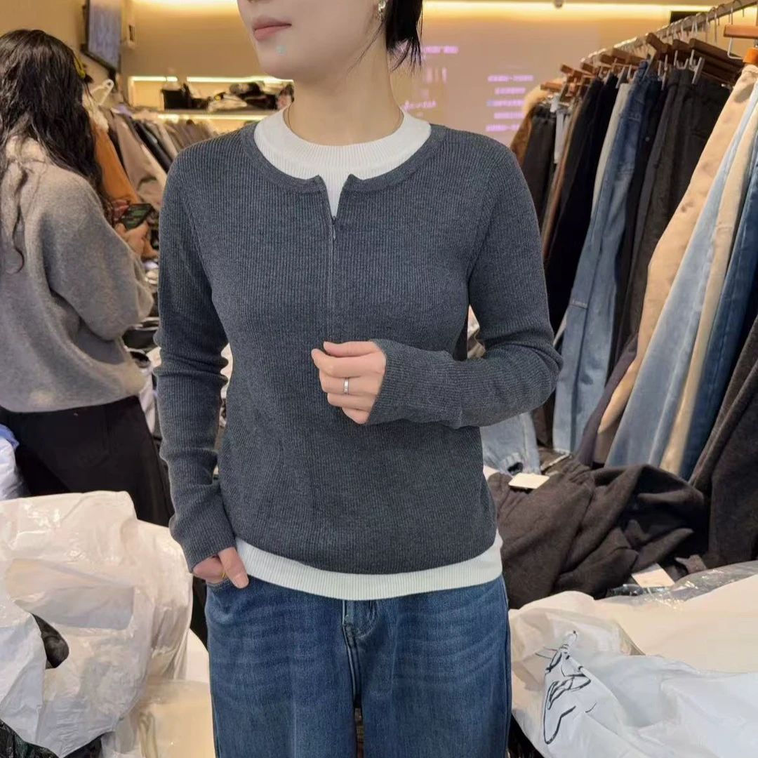 圆领假两件半拉链针织羊毛针织衫