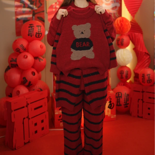 新年款亲子中大童秋冬加厚女孩半边绒长袖洋气家居服保暖套装