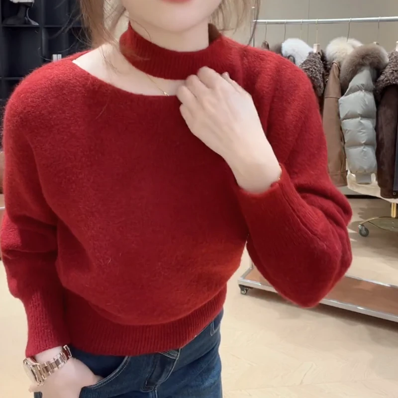 【狐狸美人】冬季挂脖软糯时尚厚款纯色气质针织衫上衣LK2508907