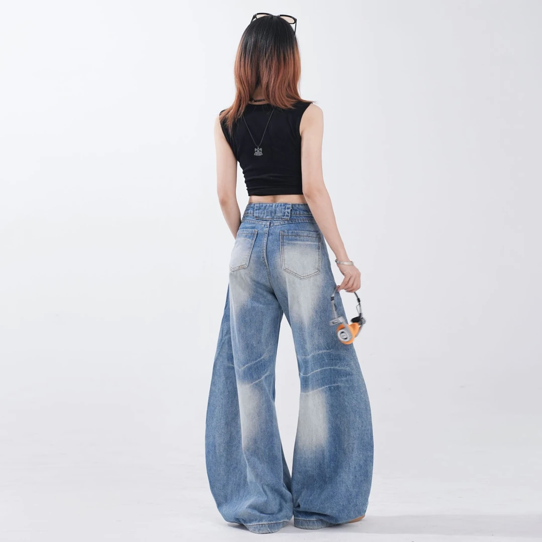 男女中腰水洗薄款阔腿裤牛仔裤弯刀拖地裤大廓形宽松