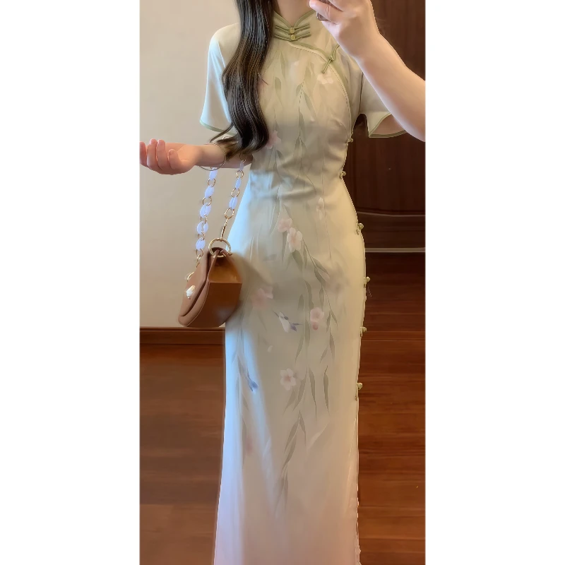 新中式国风立领盘口改良旗袍连衣裙全开襟收腰气质长裙9456