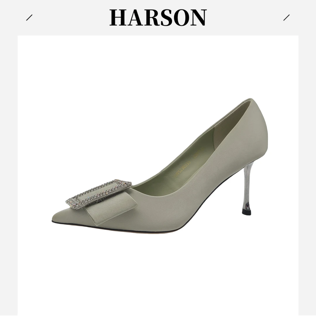 Harson/哈森浅口尖头透气单鞋跟鞋尖头时尚方扣百搭性感230235
