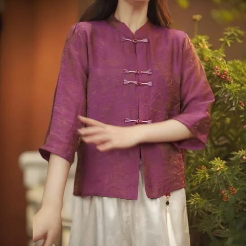 新中式轻薄偏光透气时尚显瘦盘扣衬衣外套2025新设计原创正品