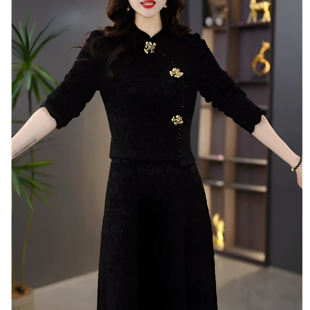 启幕女装2025冬季加绒加厚时尚洋气蕾丝打底显瘦连衣裙M-4XL