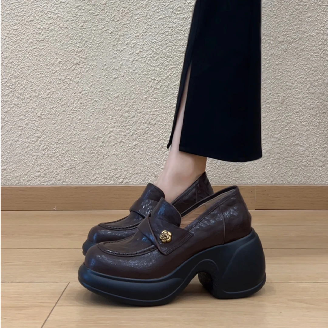 nnmiss·34-40/8cm小个子高跟乐福鞋百搭圆头山茶花厚底深口小皮鞋