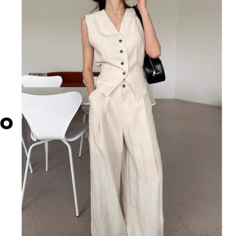 【花花】68039款亚麻复古老钱风气质高级感V领马甲阔腿裤时尚套装