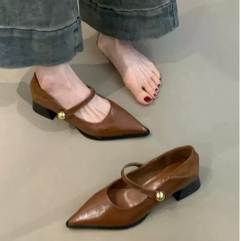 ALGF-S18-1气质粗跟玛丽珍鞋2025优雅小香风尖头一字带通勤单鞋女