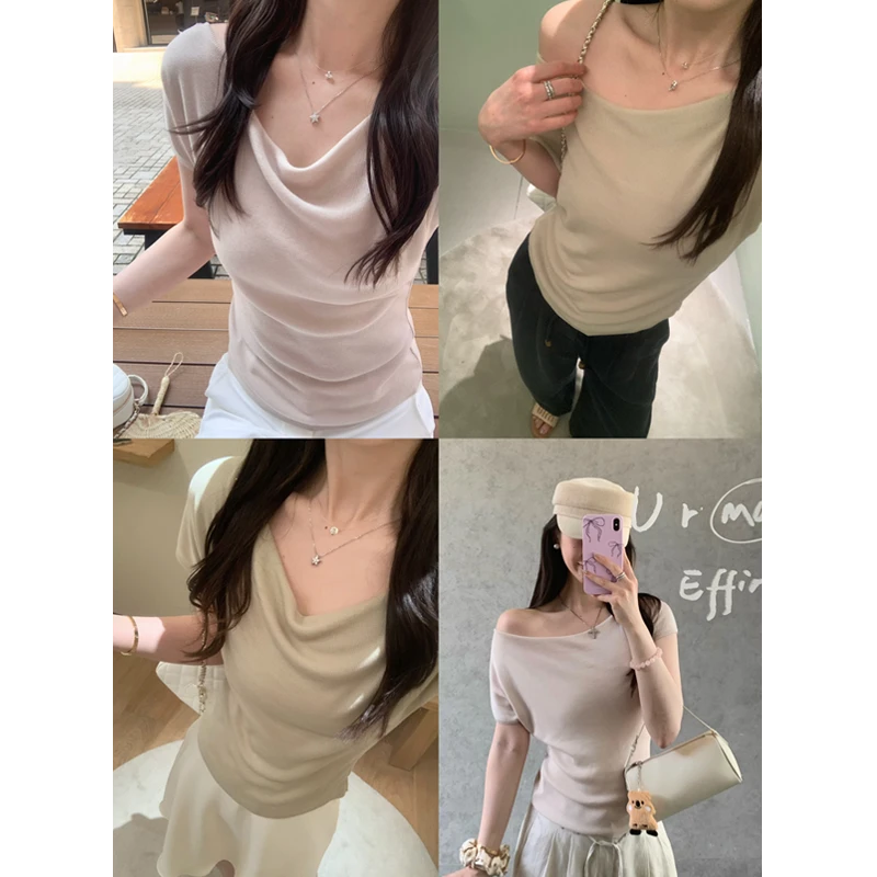 设计感纯色天丝荡领上衣2025夏新款一字肩冰丝针织短袖T恤