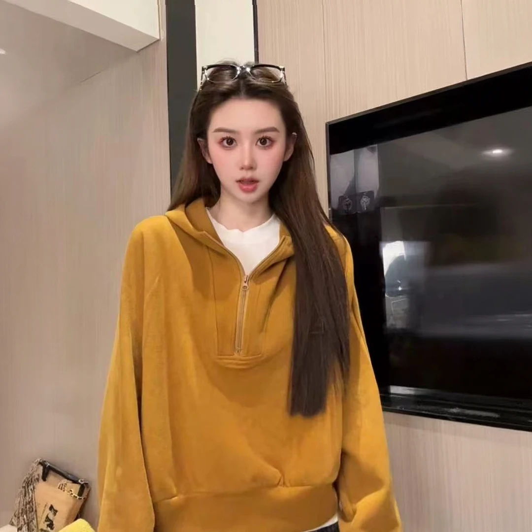 大码胖mm韩系松弛感慵懒连帽卫衣女秋季高级感宽松显瘦半拉链套装