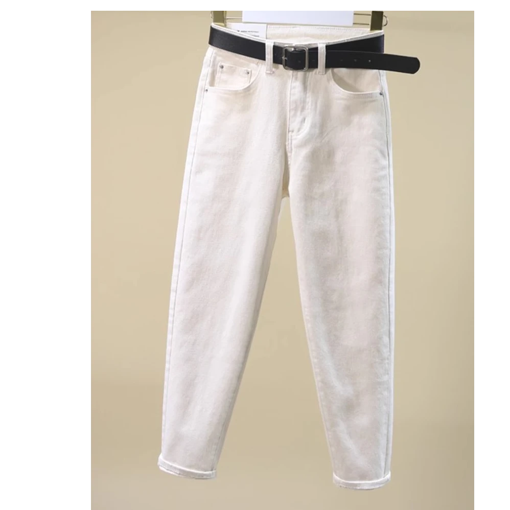 米白色牛仔裤女宽松春秋新款高腰弹力休闲哈伦裤韩版萝卜老爹裤子