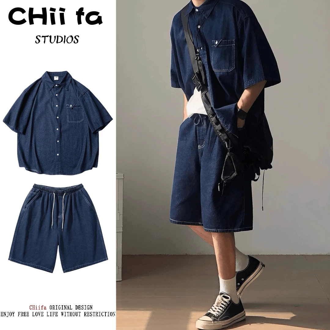CHiifa 两件装/单件日系短袖牛仔衬衫男夏季复古休闲宽松水洗衬衣