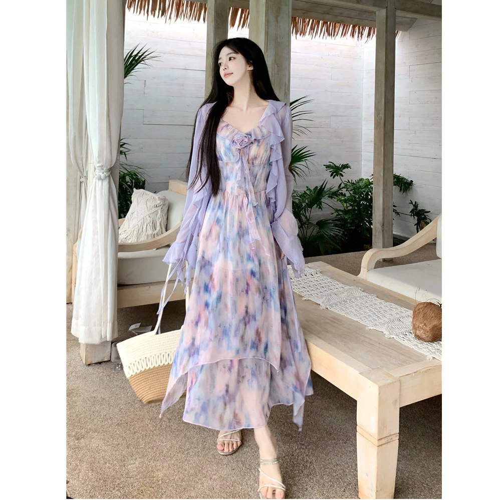 氛围感油画碎花雪纺裙女2025春夏新款微胖大码显瘦吊带裙开衫套装