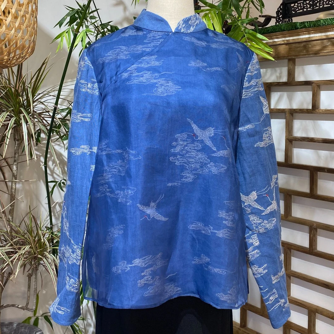 女士常规薄款棉麻蓝色复古长袖百搭休闲上衣