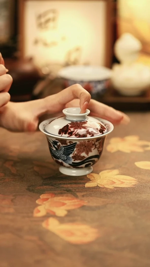 M600/古瓷造物/陶瓷青花釉里红凤凰盖碗