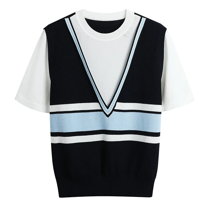 达~妮时尚撞色显瘦针织衫女夏减龄休闲气质宽松拼接设计感假两件