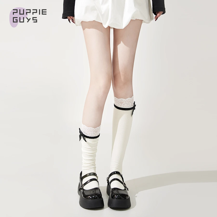 purpleguys蕾丝花边白色小腿袜子女jk芭蕾风蝴蝶结堆堆袜配小皮鞋