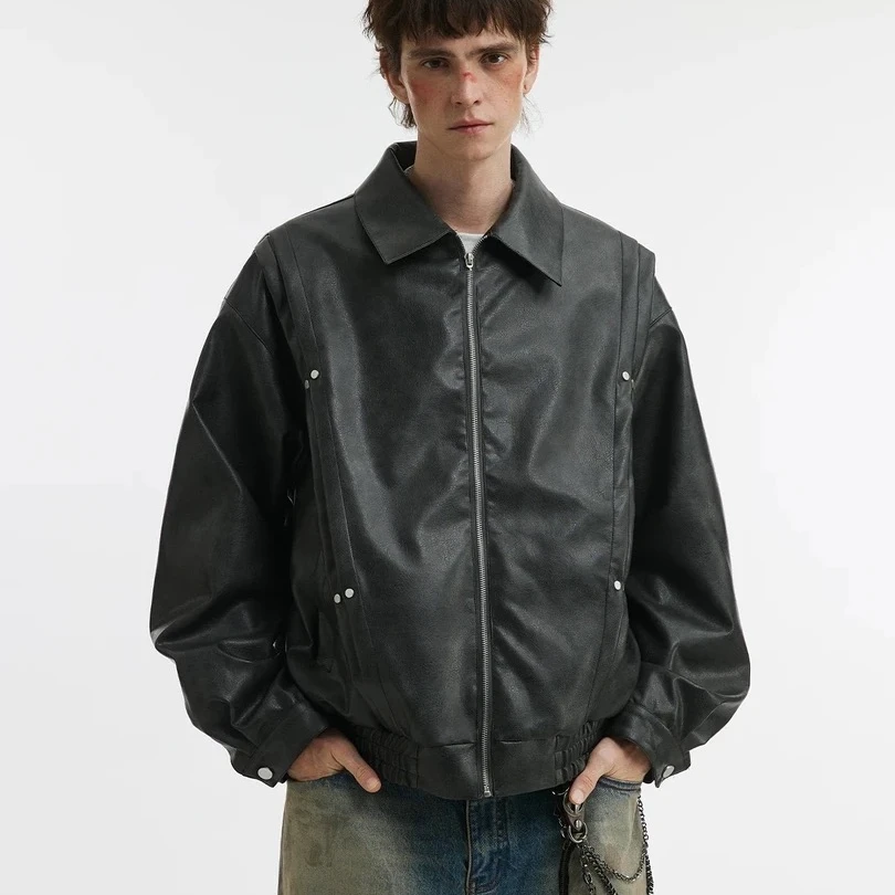 铆钉翻领美拉德皮衣夹克25春季新款美式复古街头外套-W1312