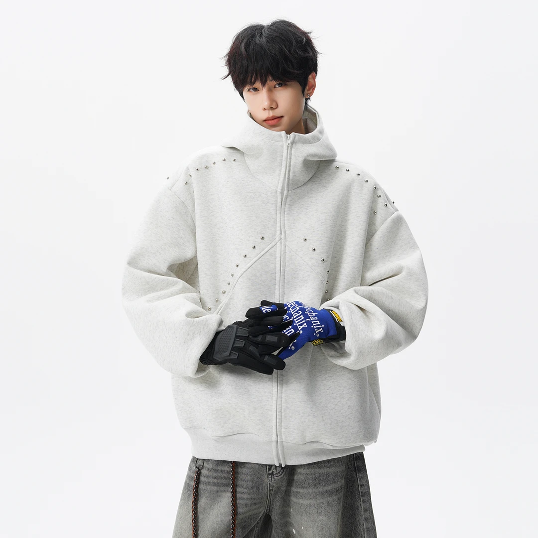 黑色铆钉拉链卫衣男开衫秋季高克重磅硬挺美式连帽外套慵懒风上衣