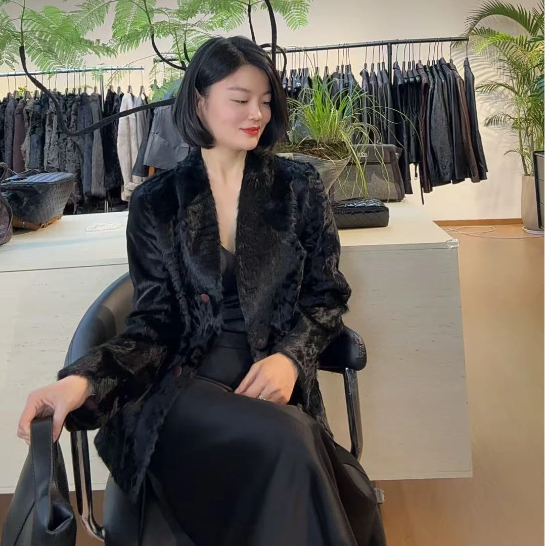 TANTAN  显瘦气质黑色内里红云纱小胡羊外套2679