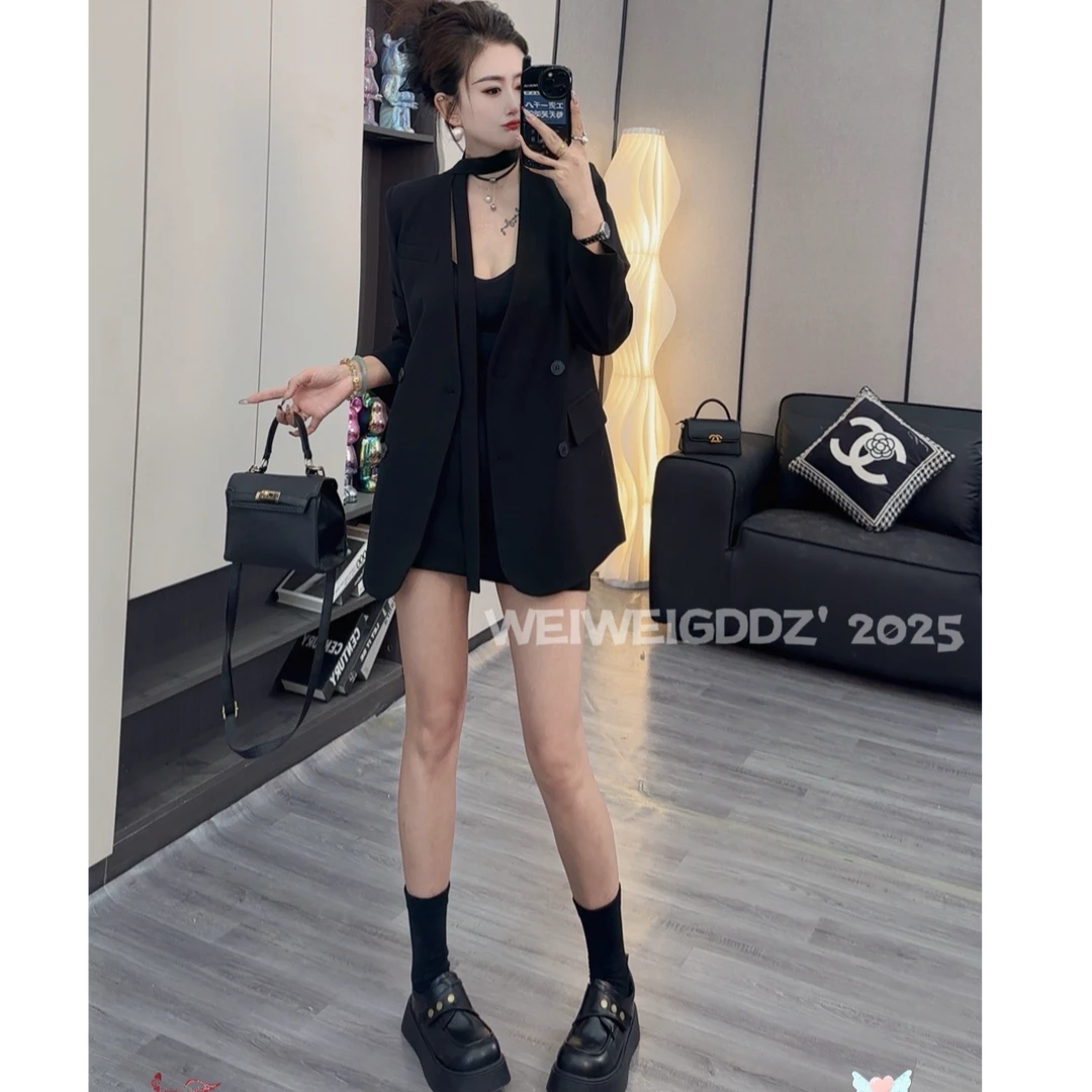 《单外套》2025春秋季V领飘带西装外套新款显瘦高级单上衣（送飘带）