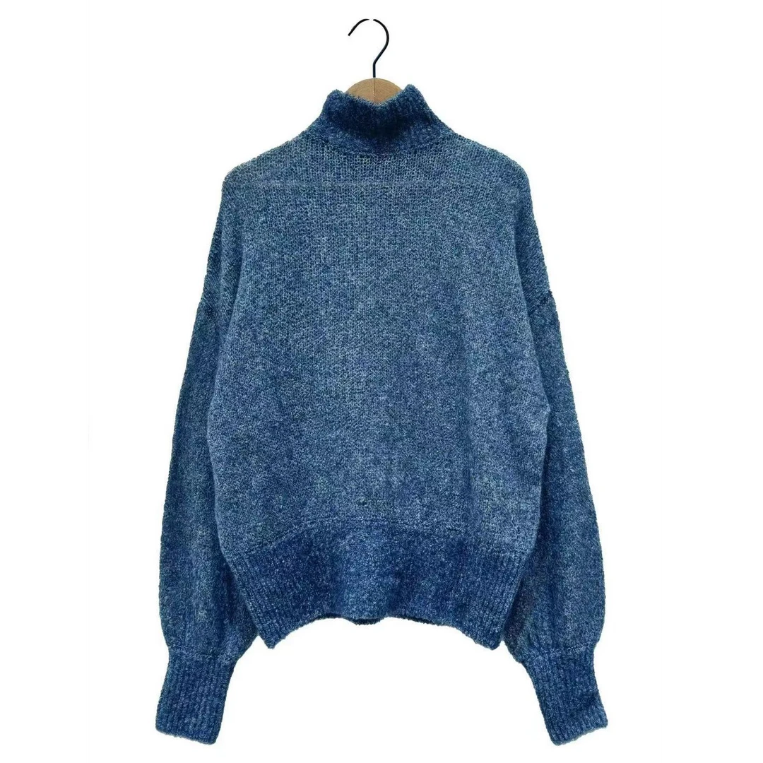 涟香家左岸迷香针织上衣7038蓝高领毛衣宽松秋冬百搭时尚套头
