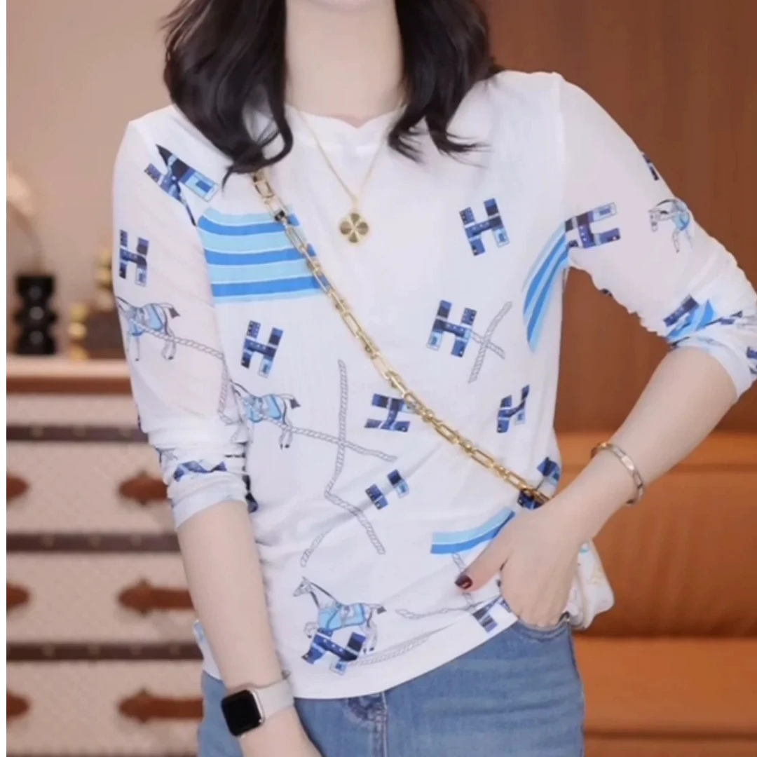 清货结业【蓝马皮肤衣】时尚洋气定制印花双层显瘦网纱皮肤衣上衣