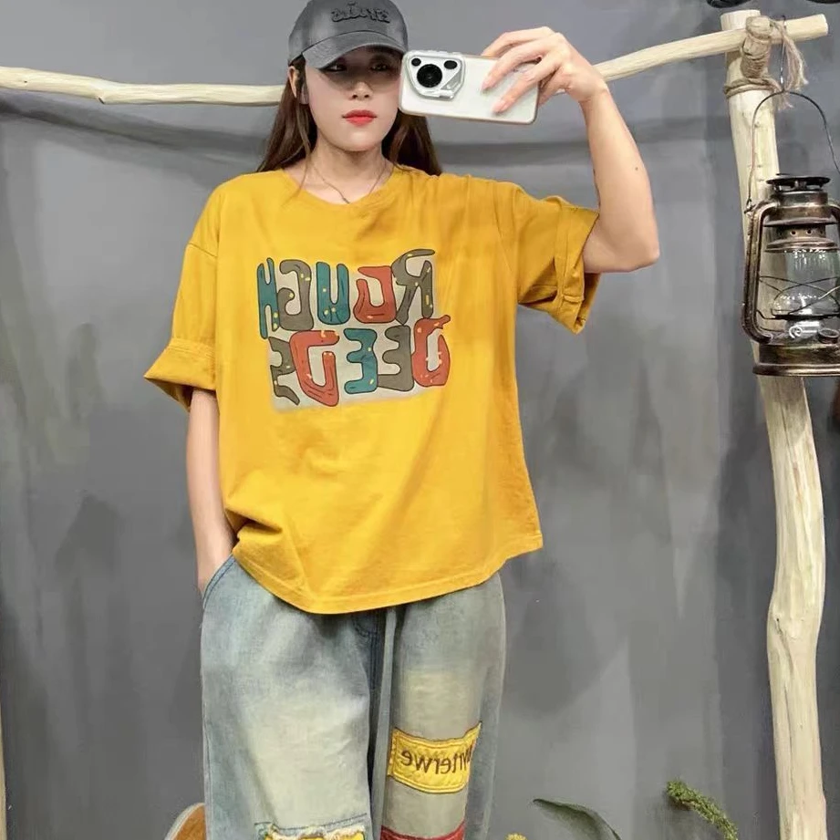 【乐哈】休闲2025夏季新款宽松大码字母印花短袖女上衣T恤百搭半袖