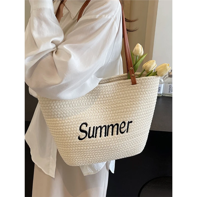 大容量托特包简约字母休闲度假沙滩包包女2025新款时尚单肩编织包