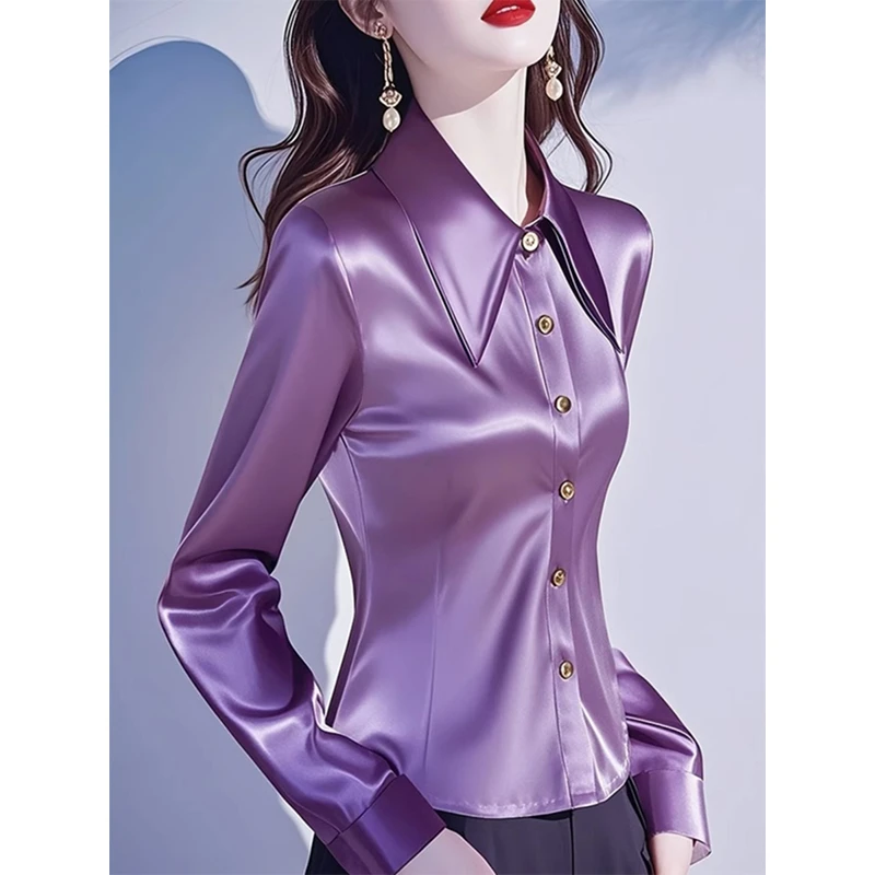 今年流行高级感紫色衫女2025早春季新款气质通勤收腰职业长袖衬衣