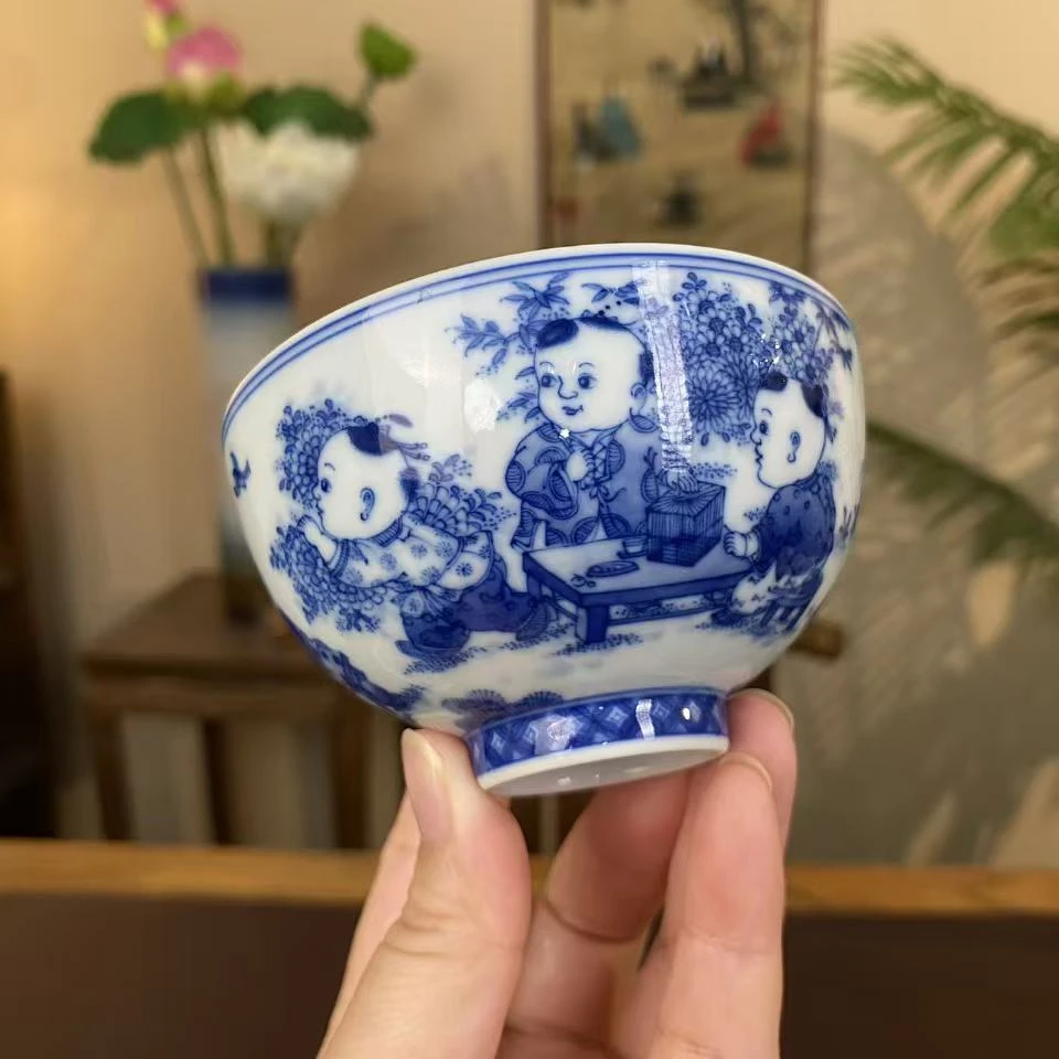 【晓竹窑】精工童子鸡心杯 景德镇纯手工手绘茶器茶具