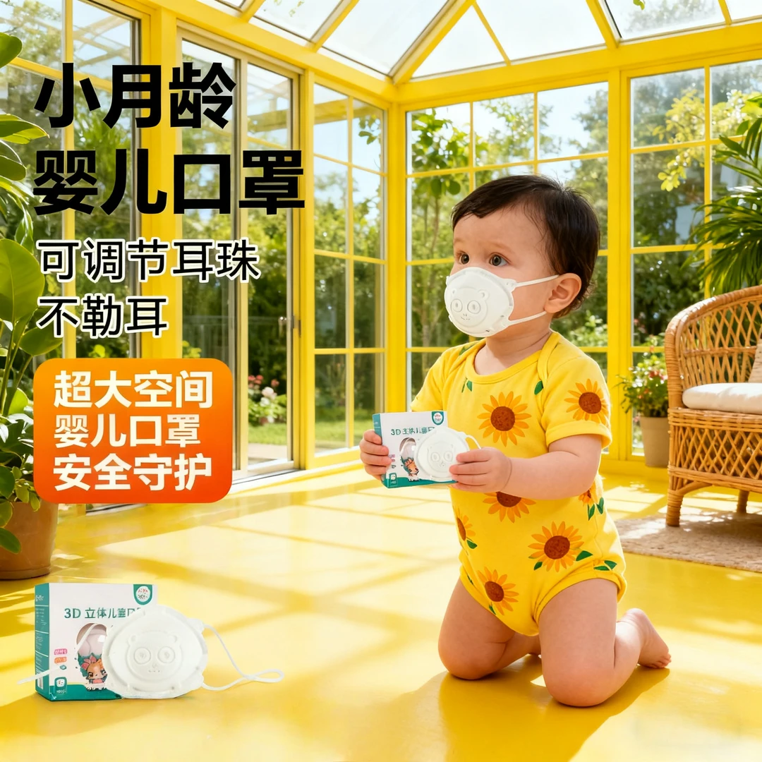 婴幼儿口罩小月龄 3D 立体可调节耳绳不勒耳呼吸顺畅0-3 岁护