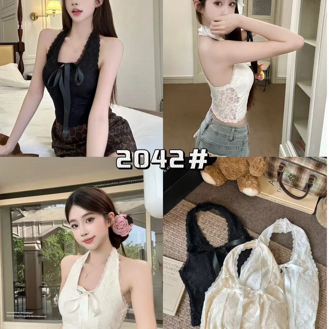 新款蝴蝶结V领蕾丝吊带背心女甜辣妹性感挂脖抹胸绝美上衣带胸垫