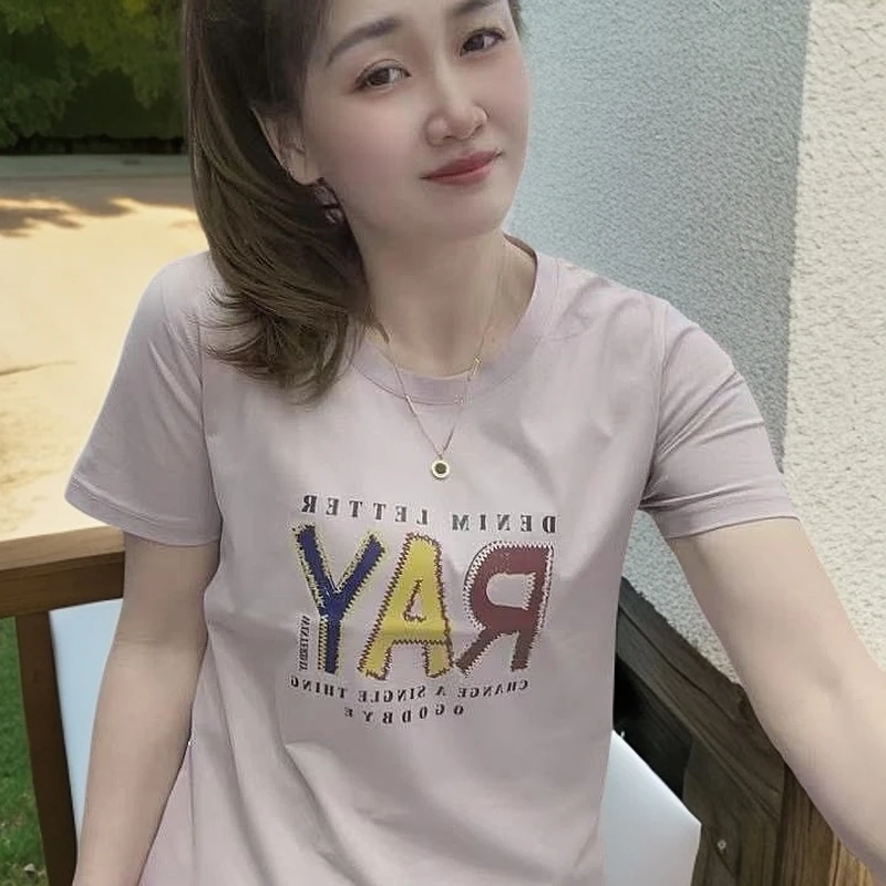 《丽丽家》棉新款字母印花短袖洋气t恤爆款时尚百搭圆领T恤遮肉上衣