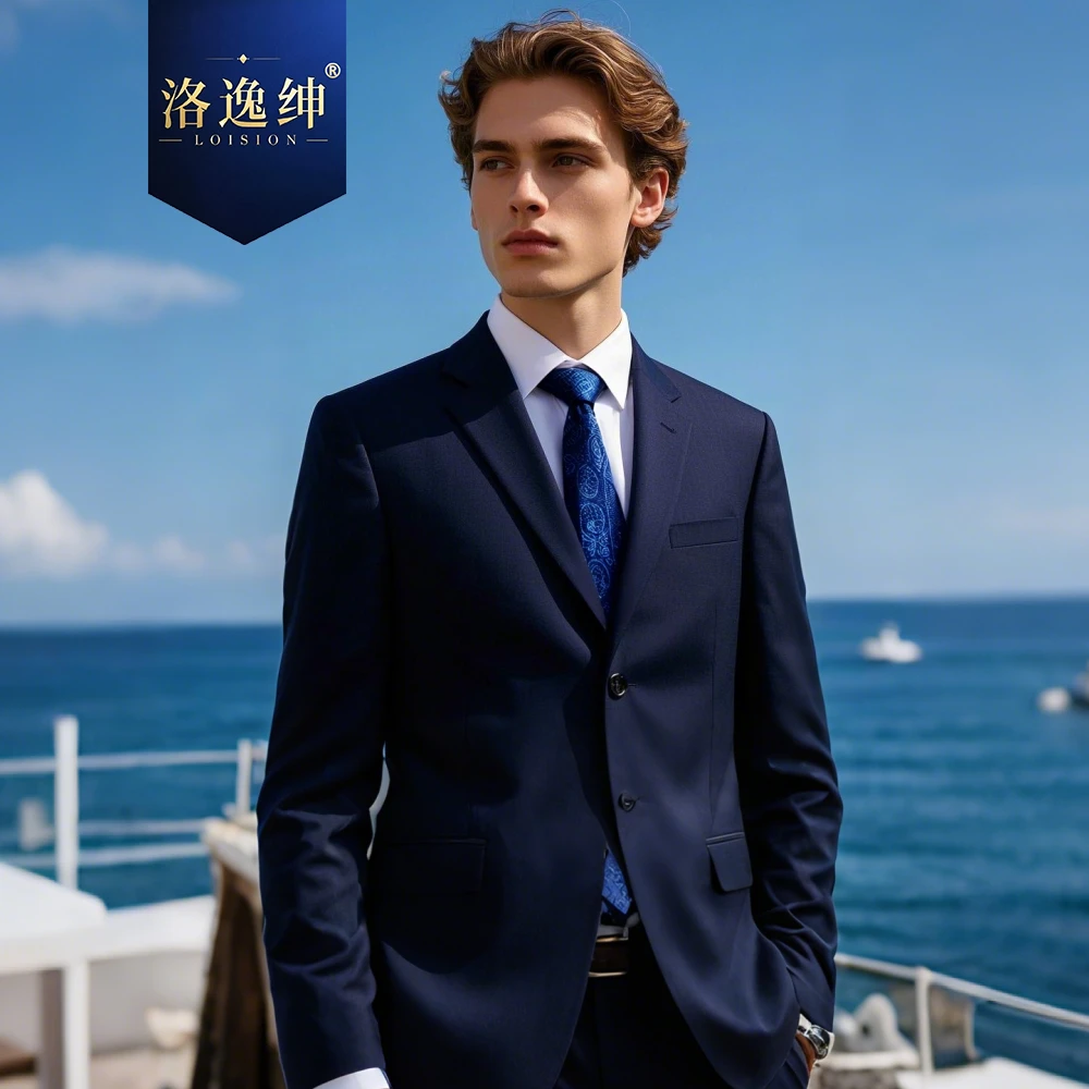 【100羊毛套装双开叉】藏青色男士西服半麻衬轻奢修身商务正装结婚