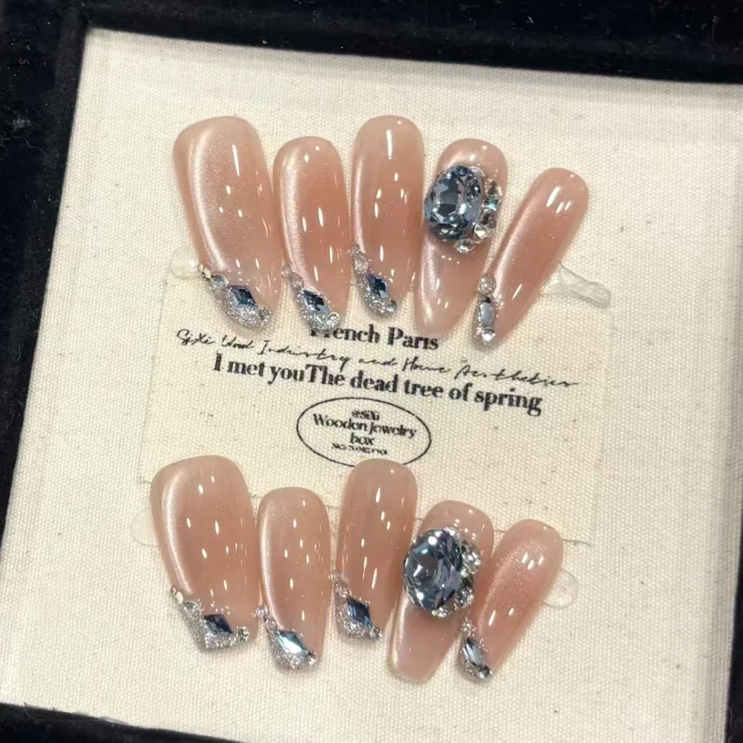 [孔雀蓝]手工穿戴甲新款轻奢锆石钻冰透裸色清冷感高级美甲贴片