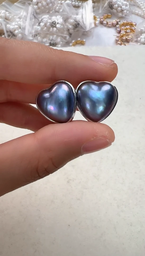 【闪购商品】拼合珍珠（马贝珠）耳饰银S925镶嵌蓝色光板