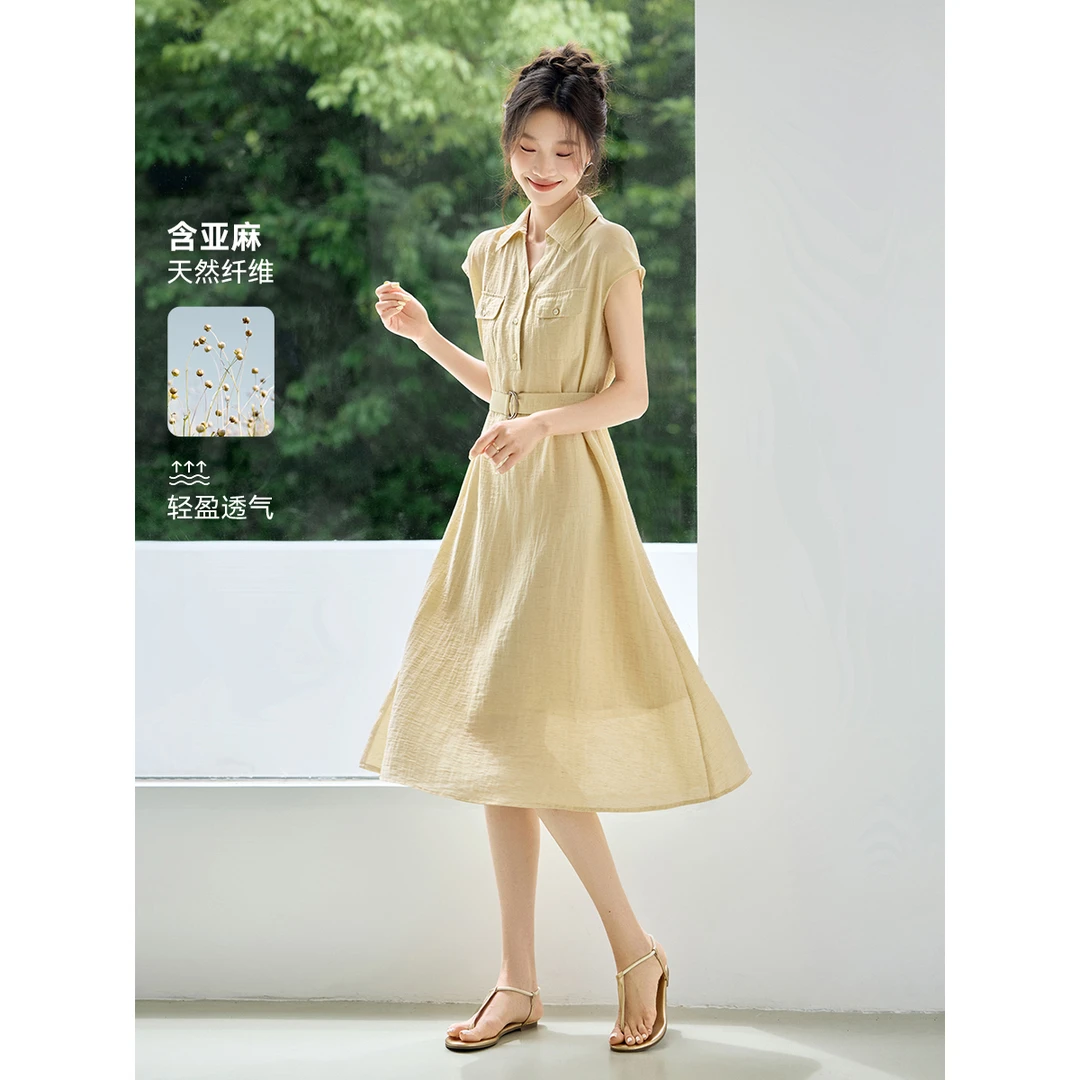 沫晗依美【高智气韵】25夏季新款含麻无袖系带收腰显瘦百搭连衣裙