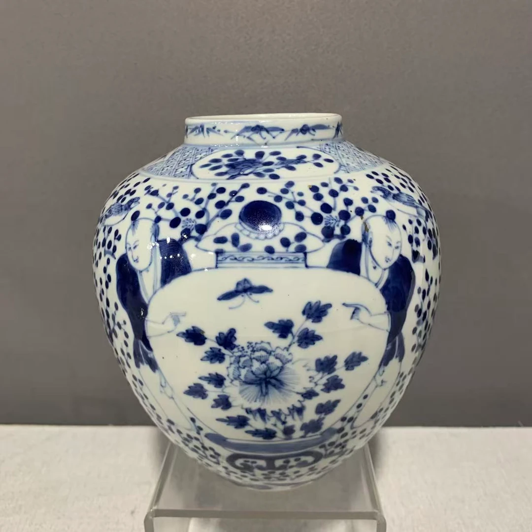 A0816315  清道光 青花童子花鸟纹罐(口径7.5  肚径17  高18.5)