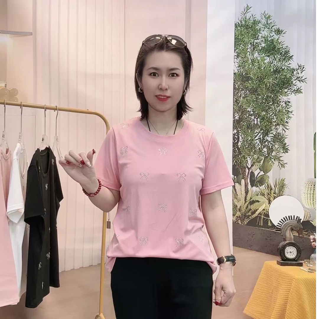 90042春夏半袖-时尚洋气蝴蝶结显瘦百搭大码女装新款圆领针织