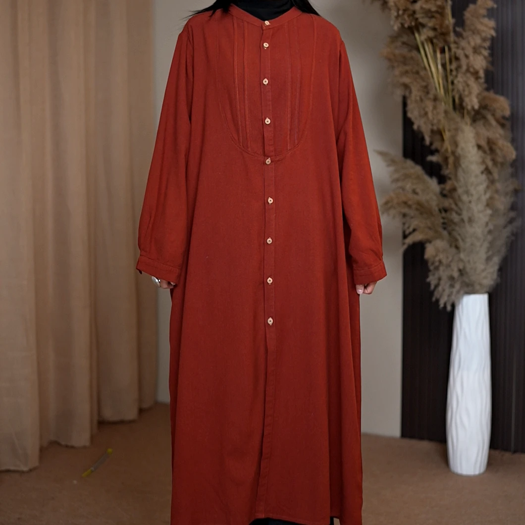 【米家棉麻】2025新款77107亚麻领口风琴褶长款袍子