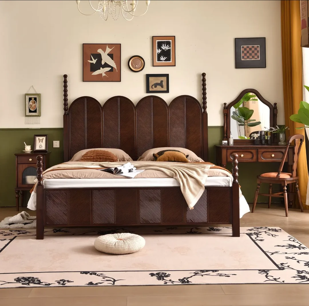 法式床中古风实木床黑胡桃色美式复古轻奢高罗马柱大床简约